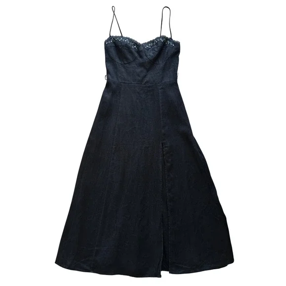 Reformation Kieryn Linen Midi Dress Black Floral Embroidered 4 NO BELT - Picture 2 of 10